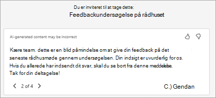Copilot genererer automatisk en foreslået invitationstekst. Du kan redigere teksten her eller vælge Omskriv med Copilot for at bede den om at generere en ny version.