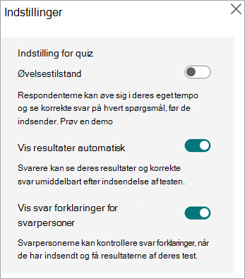 Skifter til øvelsestilstand, viser resultater automatisk og viser svarforklaringer for svarpersoner, der kun vises for tests.