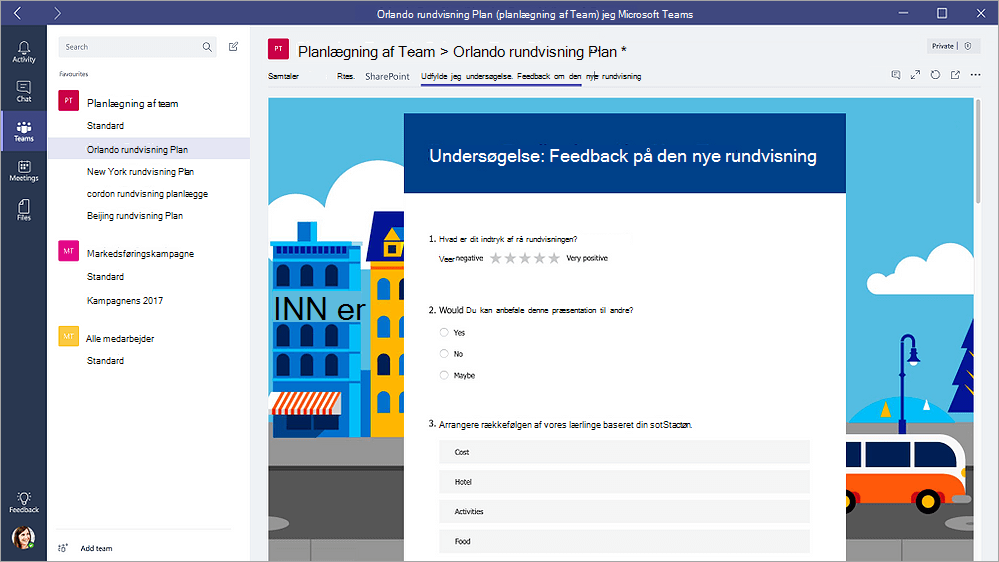 Fanen Formularer i Microsoft Teams, der viser en formular i udfyldningstilstand