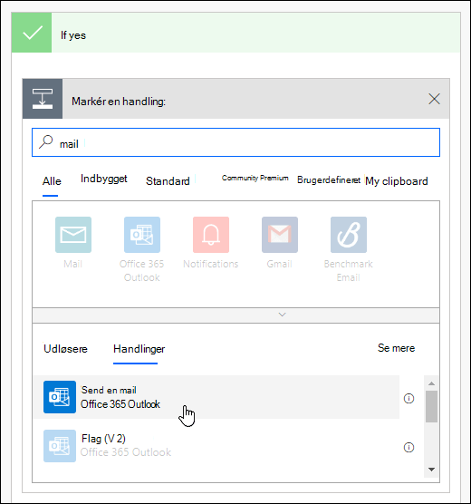 Vælg Send en mailmeddelelse som en handling i Power Automate