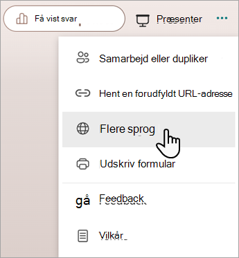 Skærmbillede, der viser den flersprogede funktion til at føje sprog til en Microsoft-formular eller -test.