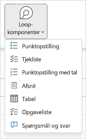 Loop-komponenter, rulleliste med komponenttyper, herunder opstilling med punkttegn, tjekliste, nummereret liste, afsnitstabel, opgaveliste og spørgsmål og svar