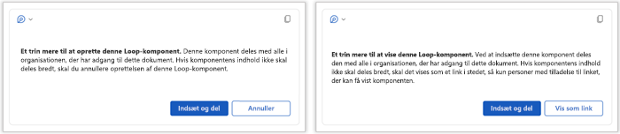 Prompt til deling af Loop-komponent med muligheder for at indsætte og dele Annuller eller Vis som link