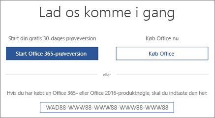 Viser skærmen Lad os komme i gang, der angiver, at en Office 365-prøveversion følger med denne enhed