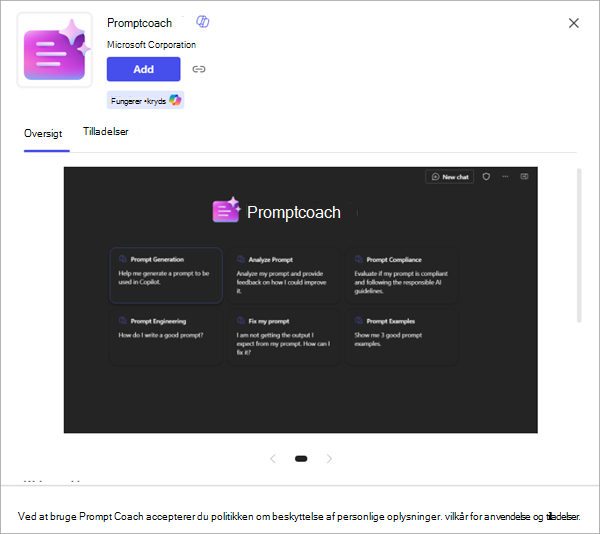 Skærmbillede af en app, der viser flere detaljer og muligheden for at føje den til Microsoft 365 Copilot.