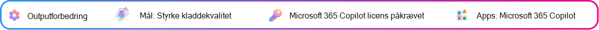 Kontekstkort til afgrænsning af output med fokus på forbedring af en Copilot-genereret forslagskladde. Mål: Justere forslagskladde. Microsoft 365 Copilot-licens kræves. App: Microsoft 365 Copilot.