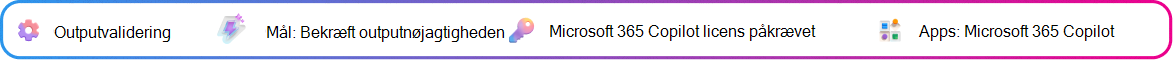 Kontekstkort til validering af output, der fokuserede på validering af en Copilot-genereret beslutningsoversigt, før der handles på den. Mål: Bekræft kort nøjagtighed. Microsoft 365 Copilot-licens kræves. App: Microsoft 365 Copilot.