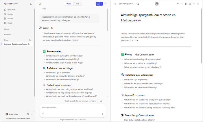 Side om side-visning af Copilot Chat- og Copilot-sider i appen Microsoft 365 Copilot.