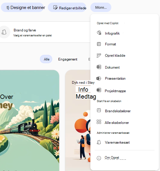 skærmbillede af brugergrænsefladen til valg af Mere end derefter Brand-kits i Microsoft Copilot-appen.