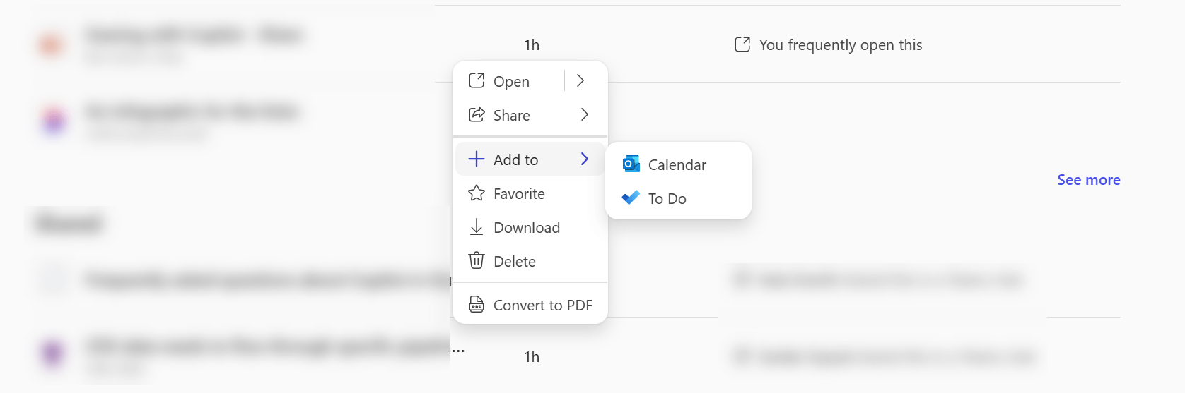 En genvejsmenu i Microsoft Copilot-appen, der viser, at du kan føje en fil til enten Calendar eller To Do.