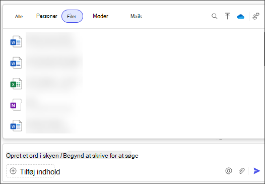Fanen Filer i Microsoft 365 Copilot Chat med ikonet for uplade-fil til højre ud for det blå skyikon.