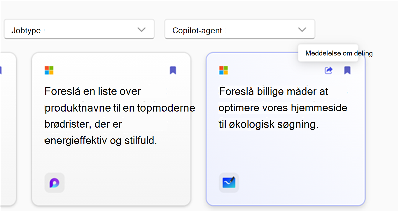 Prompter om at prøve-side, der viser tilgængelige prompter med filterindstillinger som f.eks. app, opgave og jobtype.
