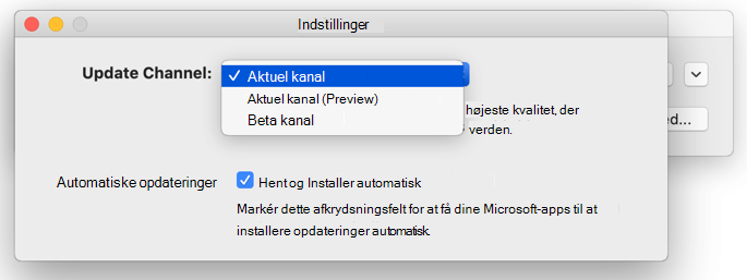 Billede af Microsoft Automatiske opdateringer til Mac –> vinduet Indstillinger, der viser valg for opdateringskanal.