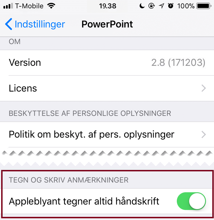 I et program Indstillinger kan du slå automatisk håndskrift fra eller til.