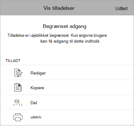 Skærmbillede af en dialogboks, der viser brugerens IRM-rettigheder.