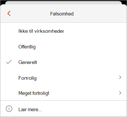 Skærmbillede af følsomhedsmenuen, der viser tilgængelige følsomhedsmærkater.