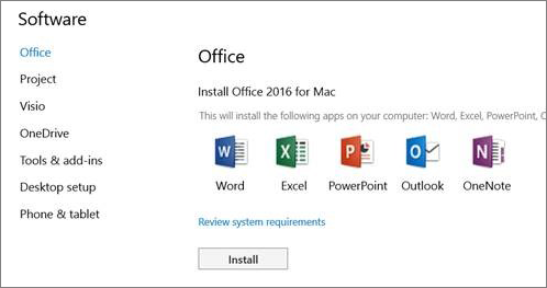 Skærmbilledet for installation af software i Indstillinger i Office 365 på en Mac