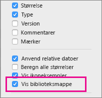 Indstillingen Vis biblioteksfiler i indstillingerne Finder-visning