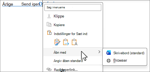 Vælg og hold eller højreklik for at få vist flere indstillinger, når du åbner et link til en Office-fil fra Outlook eller Teams