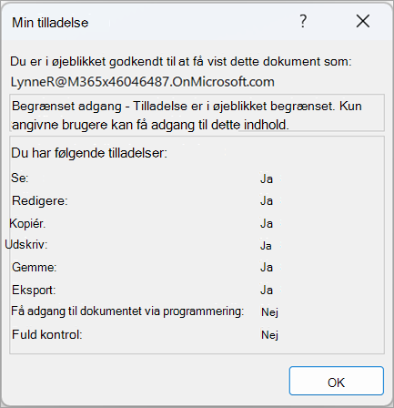 Skærmbillede af en dialogboks, der viser brugertilladelser