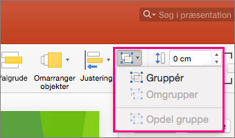 Viser ikonet Gruppe på båndet i PowerPoint 2016 til Mac