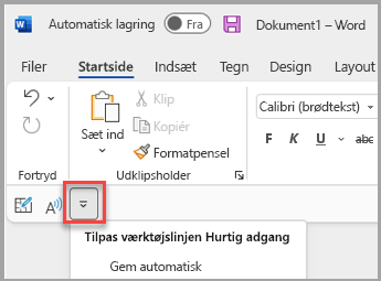 Placering af værktøjslinjen Hurtig adgang under båndet