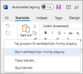 Billede af indstilling til at skjule værktøjslinjen Hurtig adgang
