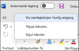 Billede af indstilling til visning af værktøjslinjen Hurtig adgang