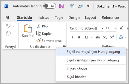 Billede af rulleliste til tilpasning af værktøjslinjen Hurtig adgang for at tilføje kommandoer