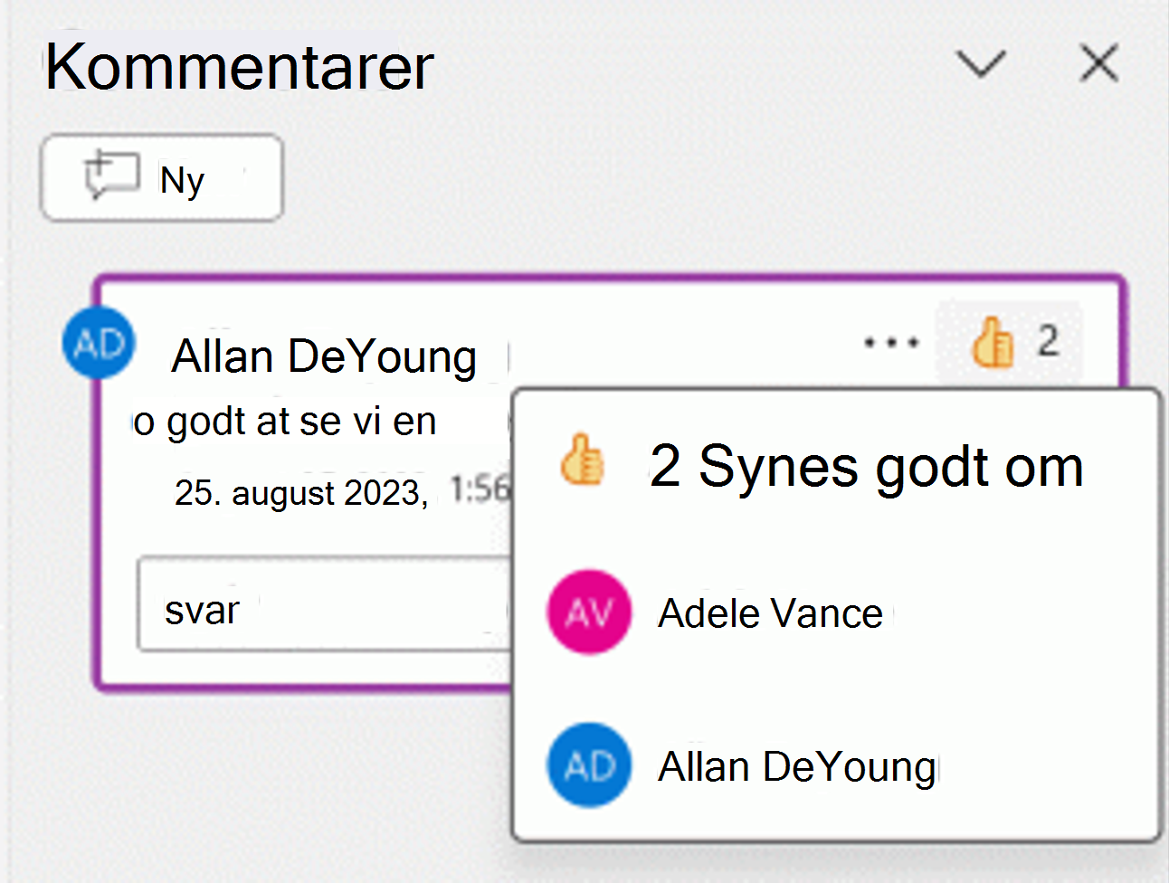 Skærmbillede af en tommelfinger op-reaktion på en kommentar