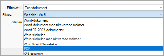 Billede, der viser valg af PDF (*.pdf) fra rullemenuen