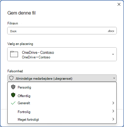Skærmbillede af dialogboksen Gem med følsomhedslinjen udvidet for at vise indstillinger for følsomhedsmærkat.