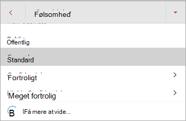 Skærmbillede af følsomhedsmærkater i Office til Android