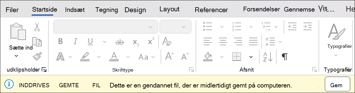 Et skærmbillede af sessionsgenoprettelsen i Word, der angiver Gendan ikke-gemt fil: Dette er en gendannet fil, der er midlertidigt gemt på computeren. Ud for den er der en gem-knap.