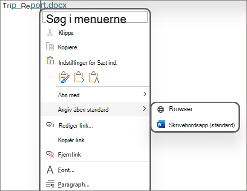Billede af indstillingerne for at angive åbn standard som enten browser- eller skrivebordsprogram (standard).