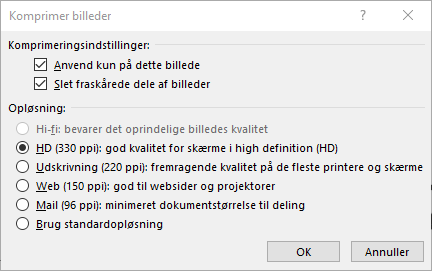 Dialogboksen Komprimer billeder
