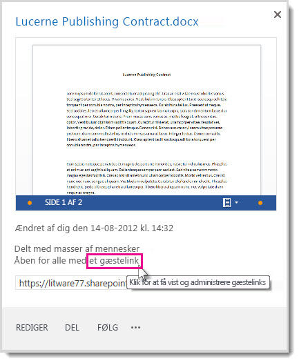 Dialogboksen Egenskaber, som viser, at et dokument er blevet delt med et gæstelink.