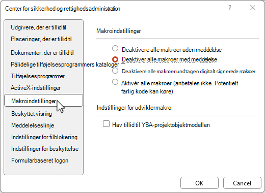 Makroindstillinger for Sikkerhedscenter