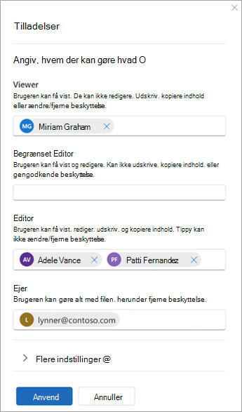 Skærmbillede af en dialogboks med titlen Tilladelser med indstillinger til at tilføje brugere som seere, begrænsede redaktører, redaktører og ejere.