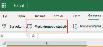 Viser menupunktet Statistik for projektmappe