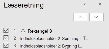 Liste over elementer i læseretningen på en slide med pil op- og pil ned-knapper til at omarrangere dem