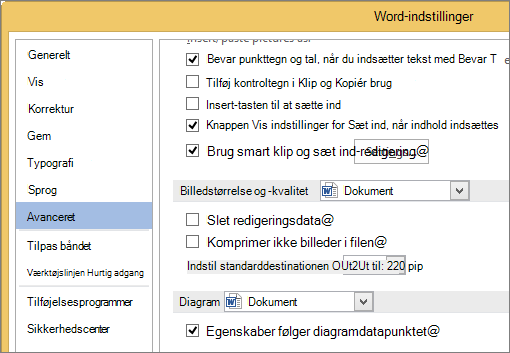 Indstillinger for billedstørrelse og kvalitet i Word