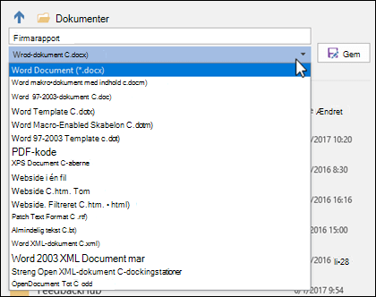 Klik på rullelisten filtyper for at vælge et andet filformat til dit dokument