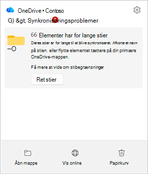 Skærmbillede, der viser OneDrive-aktivitetscenter med indstillingen Ret stier.
