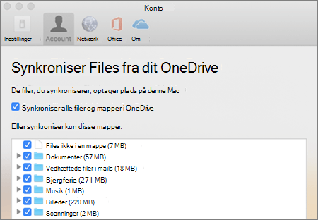 Dialogboksen Synkroniser mapper i OneDrive til Mac