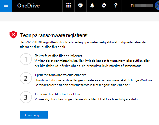 Skærmbillede af skærmen Tegn på ransomware registreret på OneDrive-webstedet