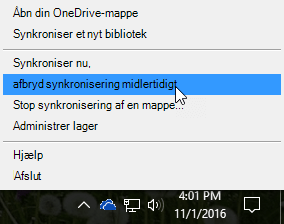 Et skærmbillede af den tidligere OneDrive for Business-menu med markering af Afbryd synkronisering midlertidigt.