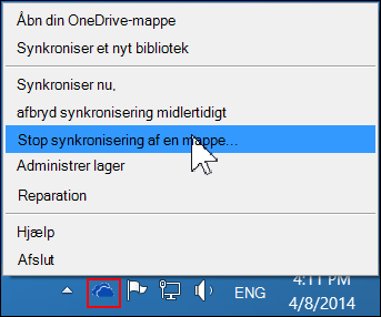 Kommandoen Stop synkroniseringen af en mappe i OneDrive for Business-menuen