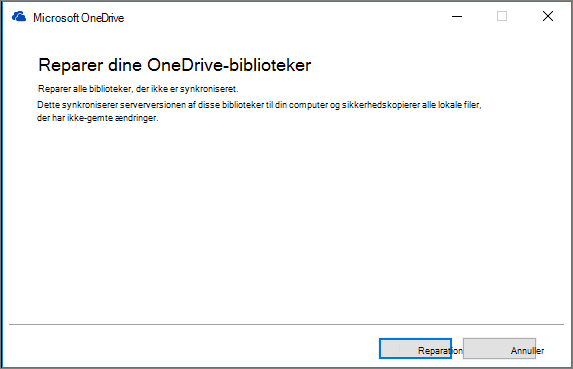 Dialogboks ved reparation af OD-synkronisering