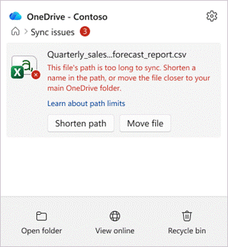 Skærmbillede, der viser OneDrive Aktivitetscenter med flag for et element, hvis sti er for lang, med knapperne Afkort sti og Flyt fil.